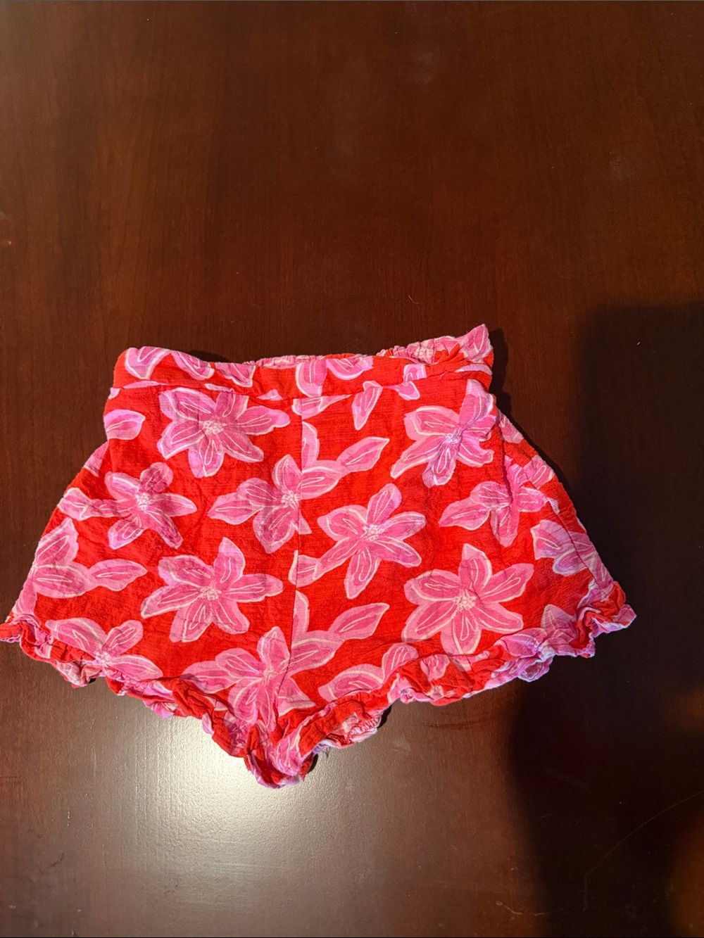 Tahari Girl Red Elastic Waist Shorts with Pink Floral Print Ruffle Hem